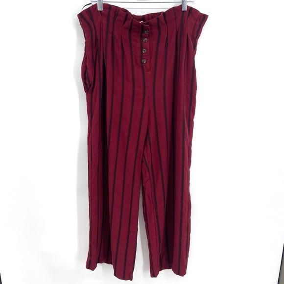 NWOT RESET Burgundy Black Stripe Linen Blend Paper Bag Wide Leg Pants - Picture 4 of 10